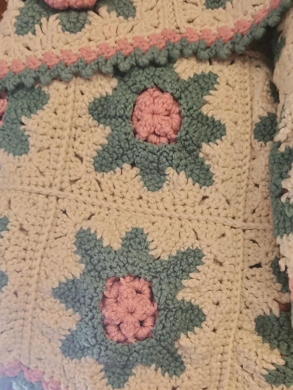 Handmade Crochet Rose Blanket - Pink & Green Floral Squares 38